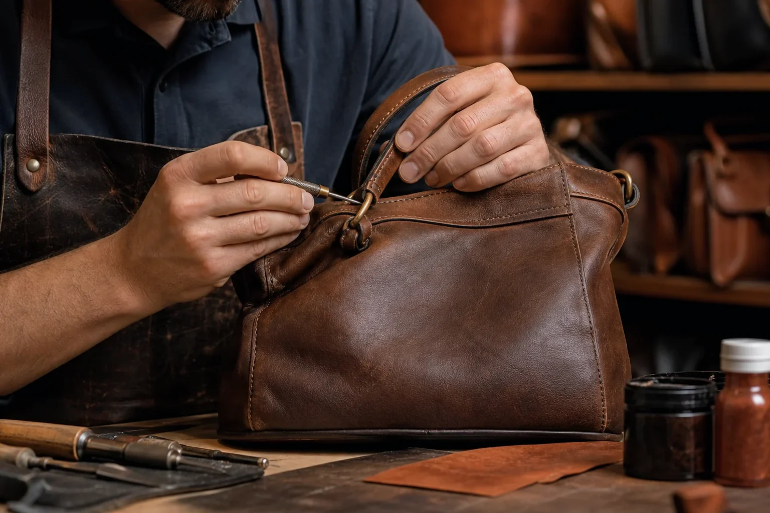 Sapateiro reformando bolsa de couro em Atibaia.