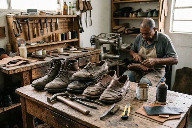 Sapatos desgastados prontos para reforma com ferramentas em Atibaia.